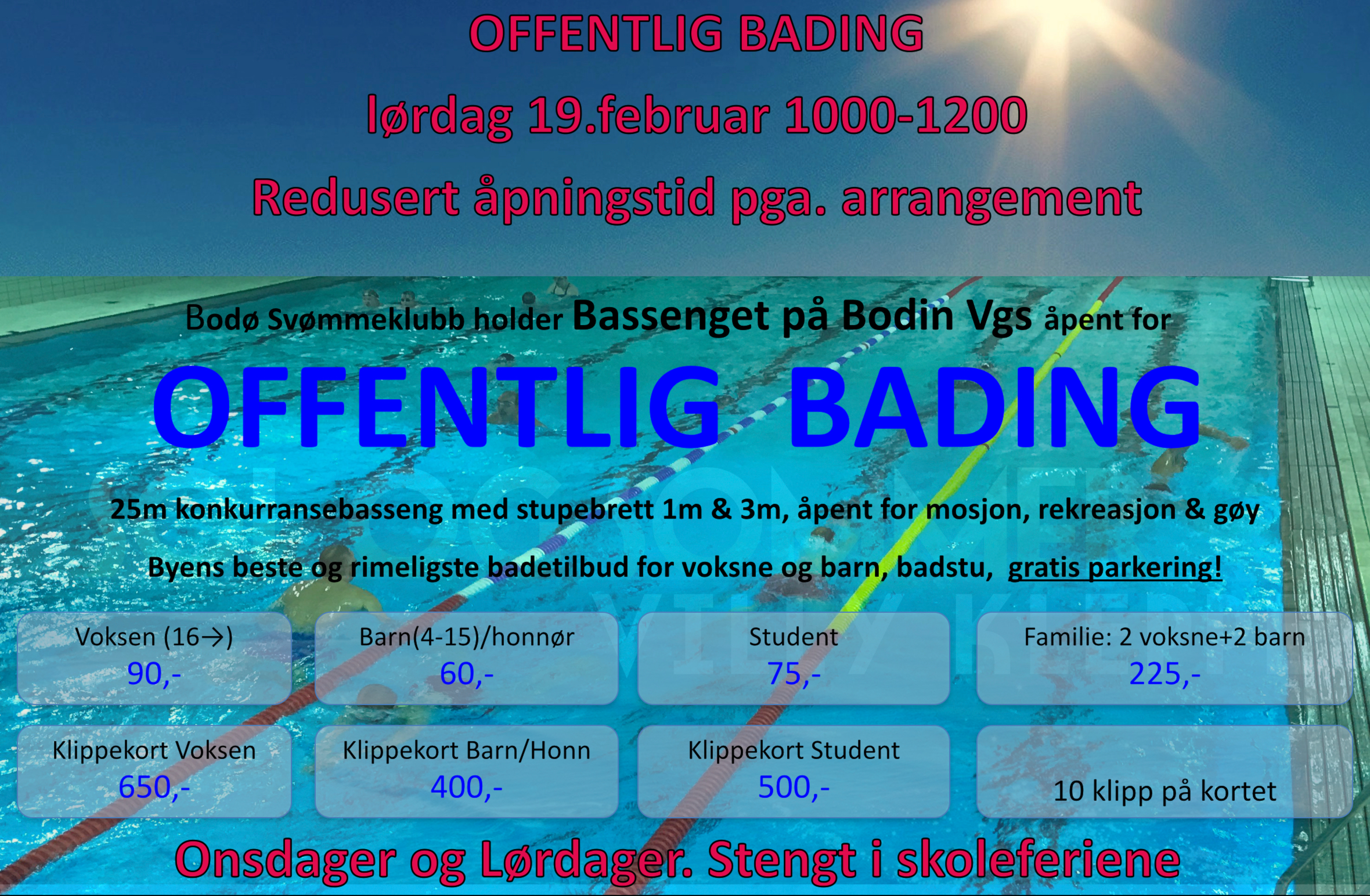 Offentlig bading - redusert åpningstid lørdag 19.februar